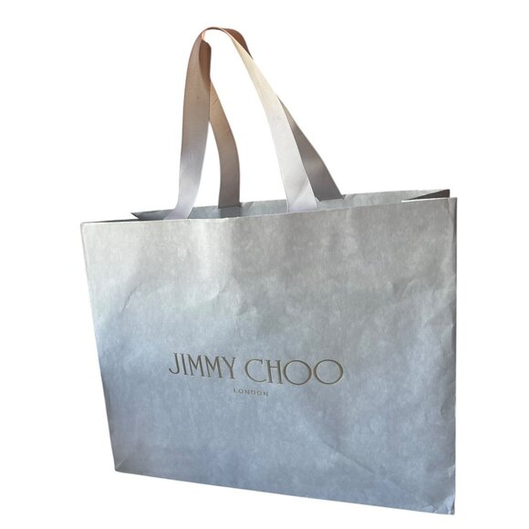 Jimmy Choo Shopping Bag Ribbon Handles Paper with Bottom Card 14x11x4.75  Gray - Picture 4 of 11